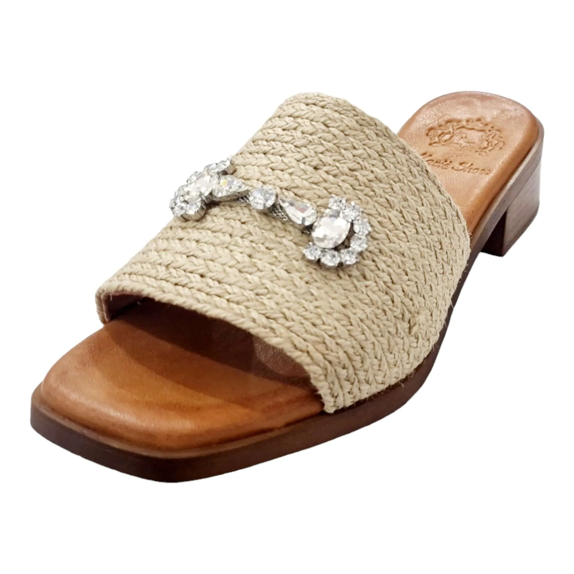 Women's Low Heel Sandals with Natural Brooch Detail