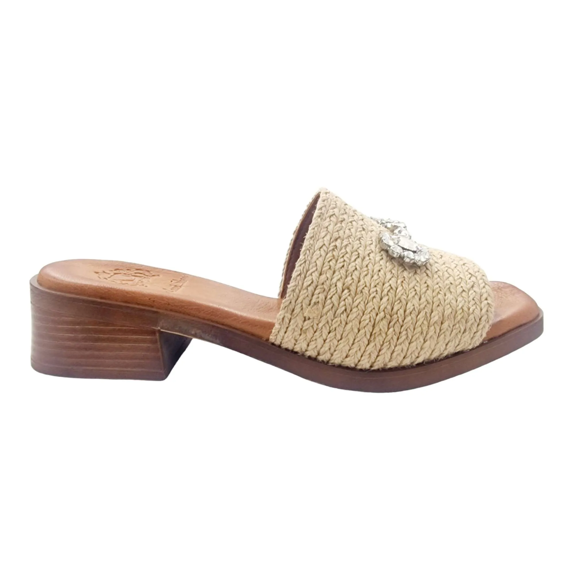 Women's Low Heel Sandals with Natural Brooch Detail