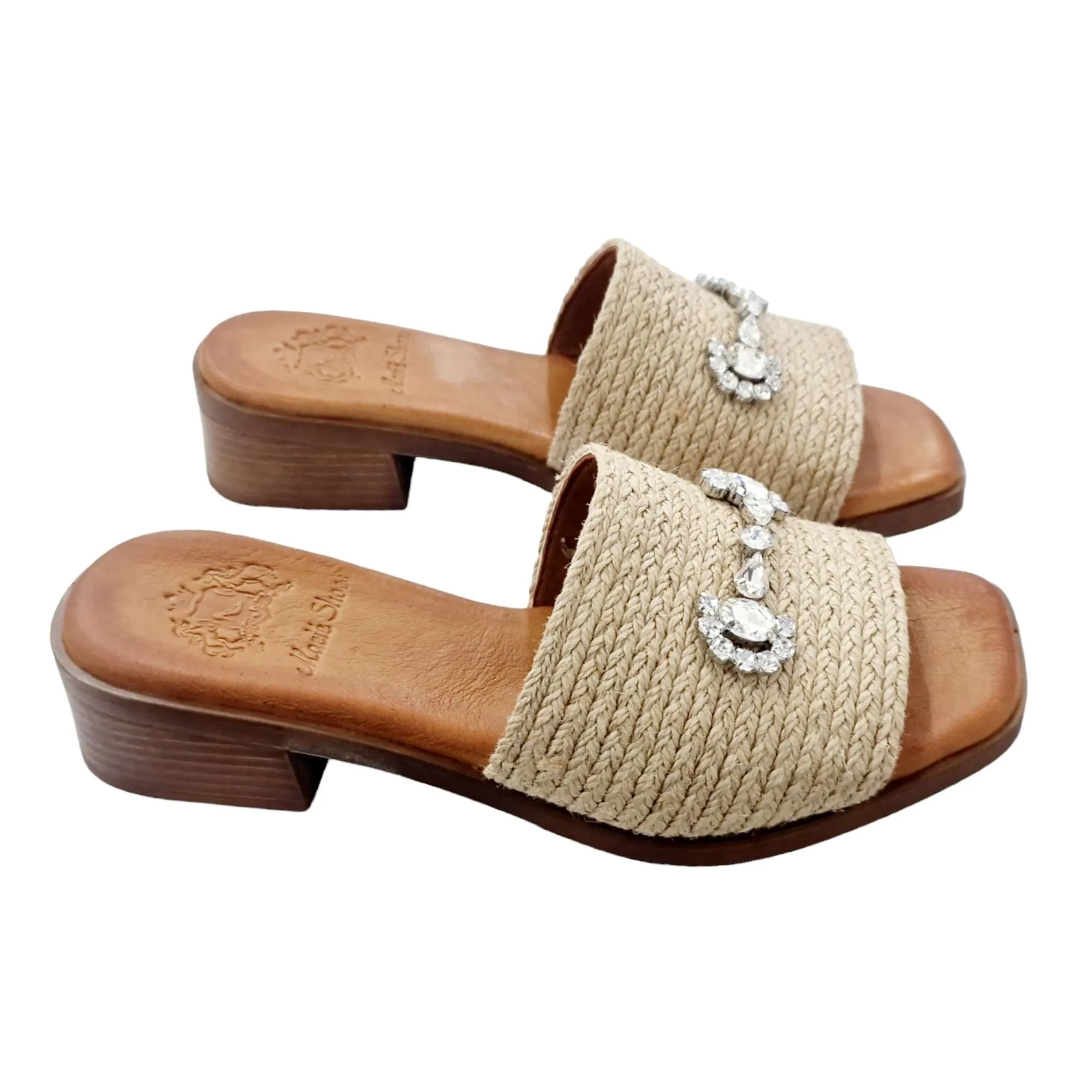 Women's Low Heel Sandals with Natural Brooch Detail