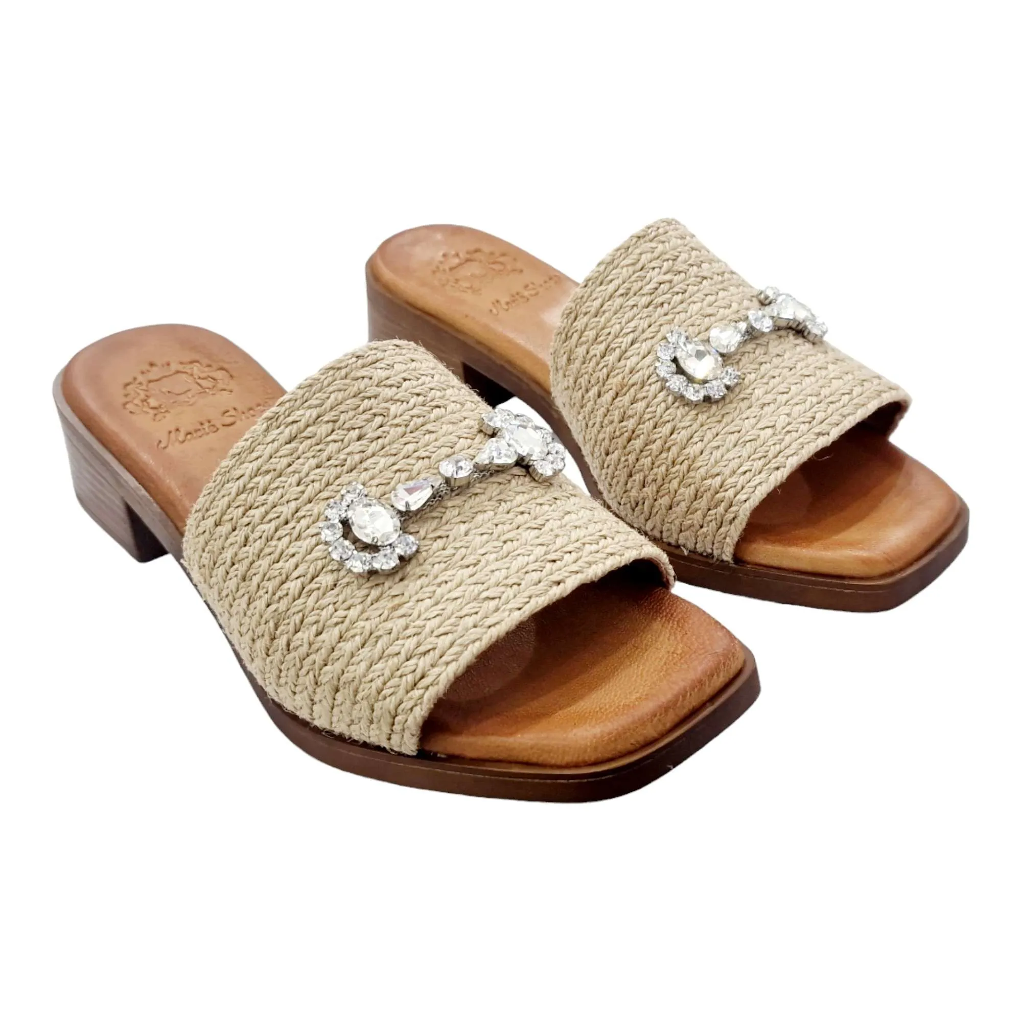 Women's Low Heel Sandals with Natural Brooch Detail